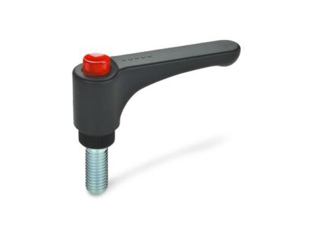 Flat adjustable clamping levers with release button, plastic, screw steel GN600-30-M6-10-DRT