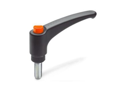 Adjustable clamping levers with release button, plastic, screw steel GN603-44-M6-10-DOR
