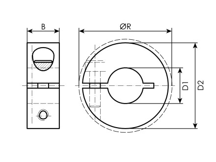 Klemmring geteilt Material Stahl: 1.0503 / 1.0736 Wellenø D1=80 mm Außenø D2=112 mm Breite B=19 mm